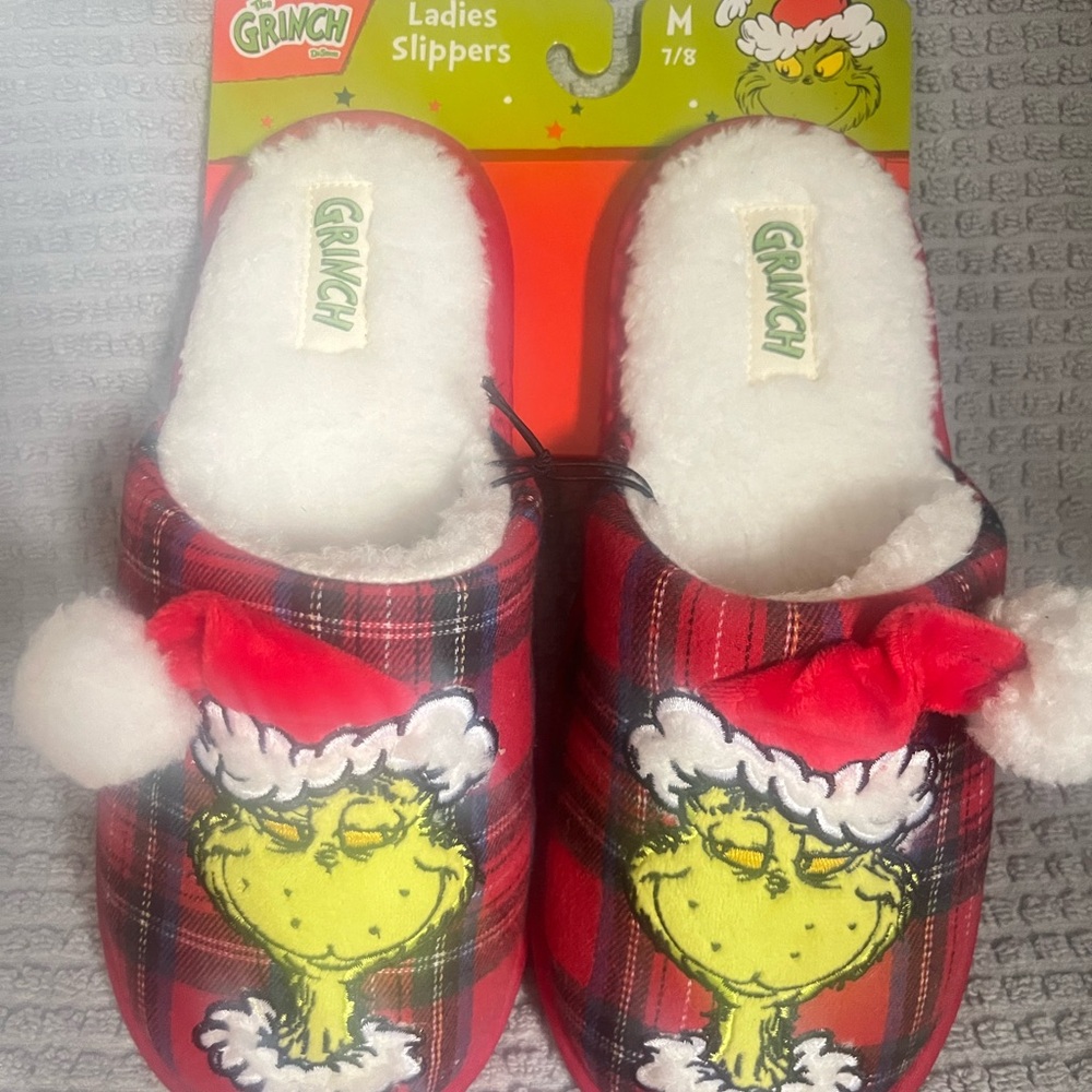 Grinch Plaid Slippers with Santa Hat